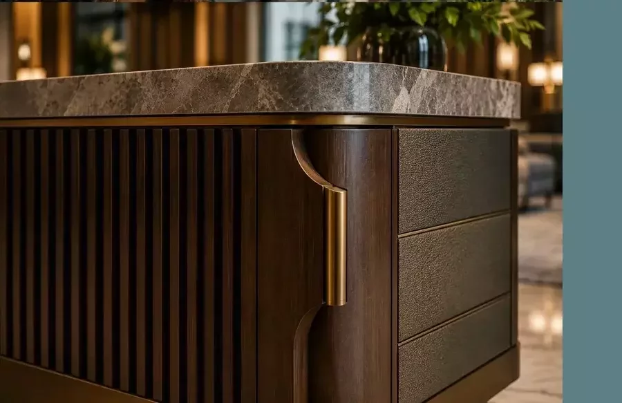 Mobiliario hotelero a medida con trabajo artesanal en madera, superficies de piedra, acabados texturizados y detalles de precisión.