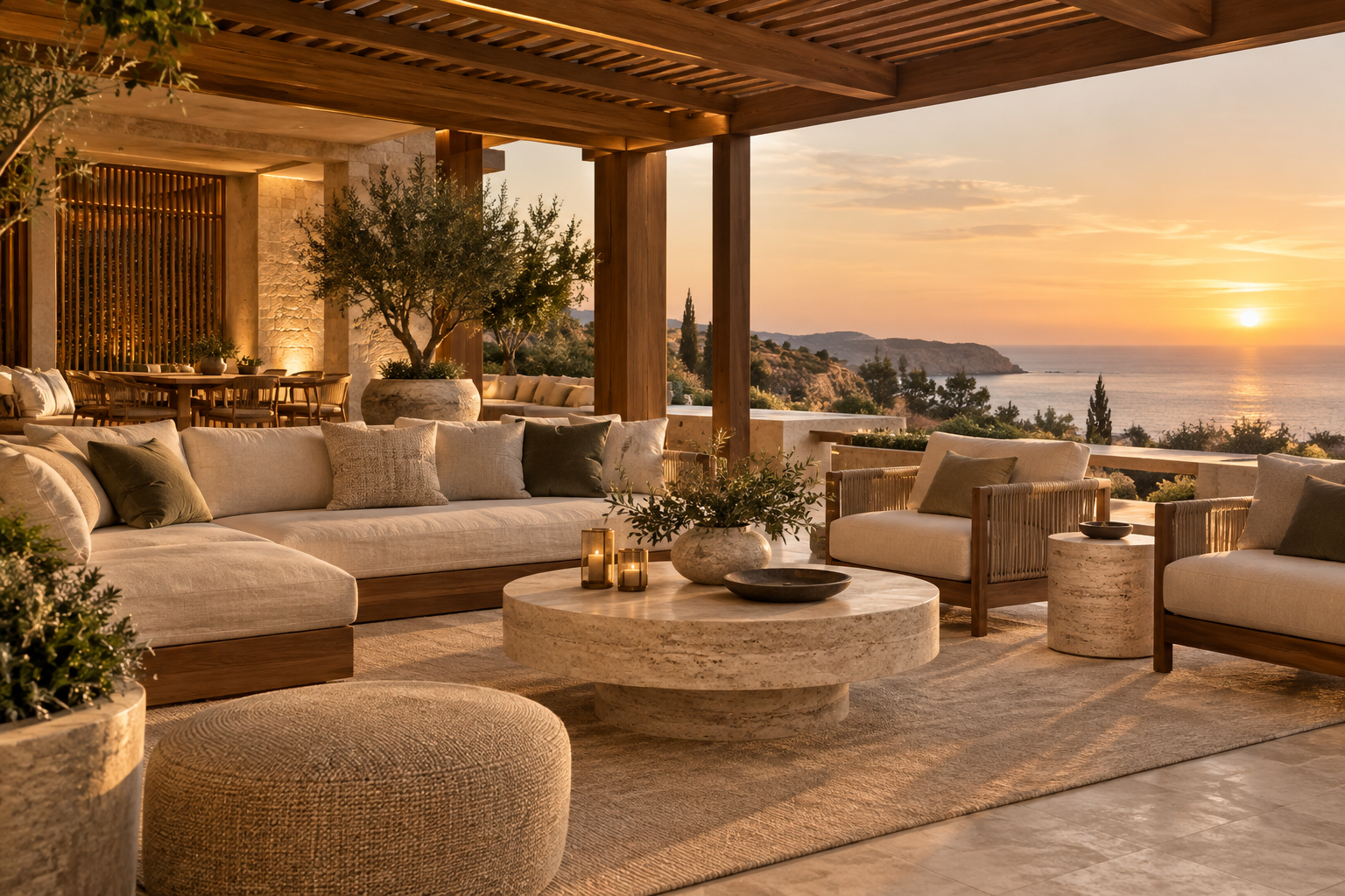 Concept resort terrace with cream lounge furniture, timber pergola and travertine tables overlooking the sea