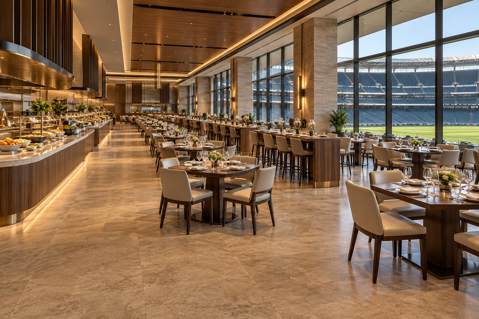Concept stadium club dining hall with rows of dining tables, a buffet counter and views of the playing field